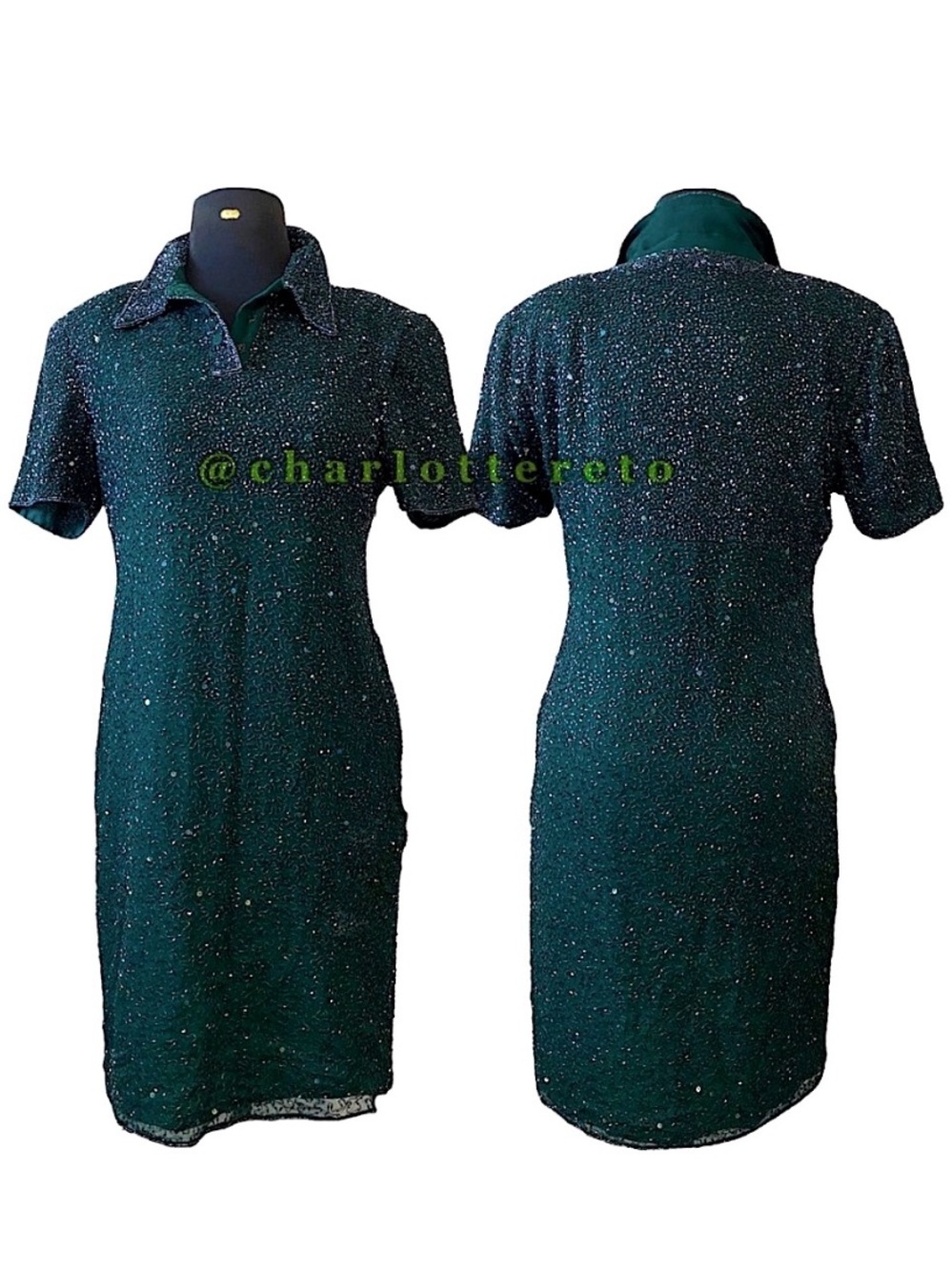 vtg Silk Beaded Pointed Collar Polo Dress